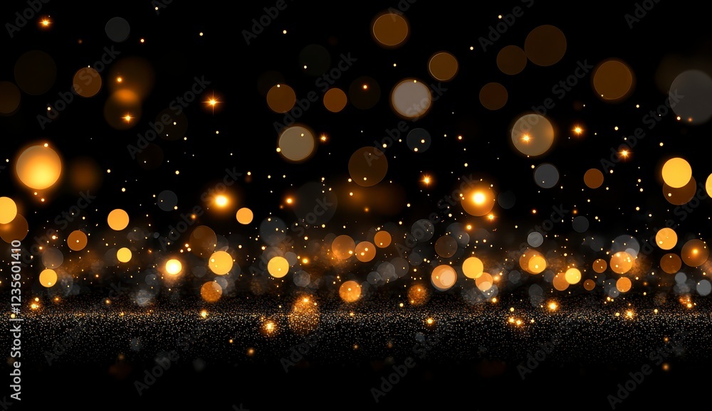 Poster abstract background with gold and amber bokeh lights on a black background. sparkling glitter create