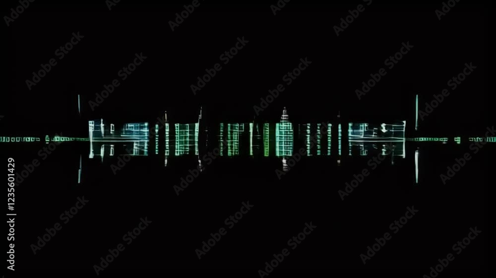 Poster digital sound wave visualization green patterns and reflections in black background create abstract 