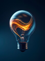 Abstract image of a lightbulb with swirling, fiery, orange and yellow energy inside. The background is dark blue. The lightbulb is the central focus