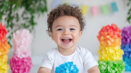 Happy baby boy smiles, rainbow decor, first birthday