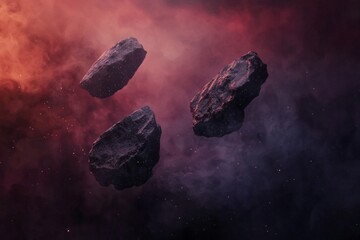 Naklejka premium A few floating rocks in space, a dark red and black color gradient, cinematic lighting, and a smoke background.