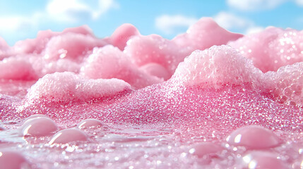 Fototapeta premium Pink soap foam and bubbles form a whimsical landscape under a bright blue sky during daytime.