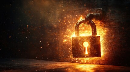 Glowing Padlock with Bright Sparks on Dark Background
