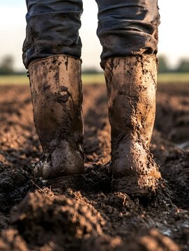 Weathered Farmer's Boots Caked in Mud Amid a Freshly Plowed Field