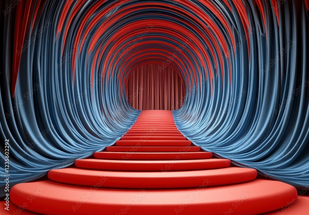 Poster abstract 3d rendering of a red carpeted staircase leading to a wooden doorway inside a tunnel of swi