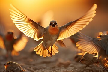 Obraz premium A bird with wings outstretched in golden sunset light, surrounded by a flock.