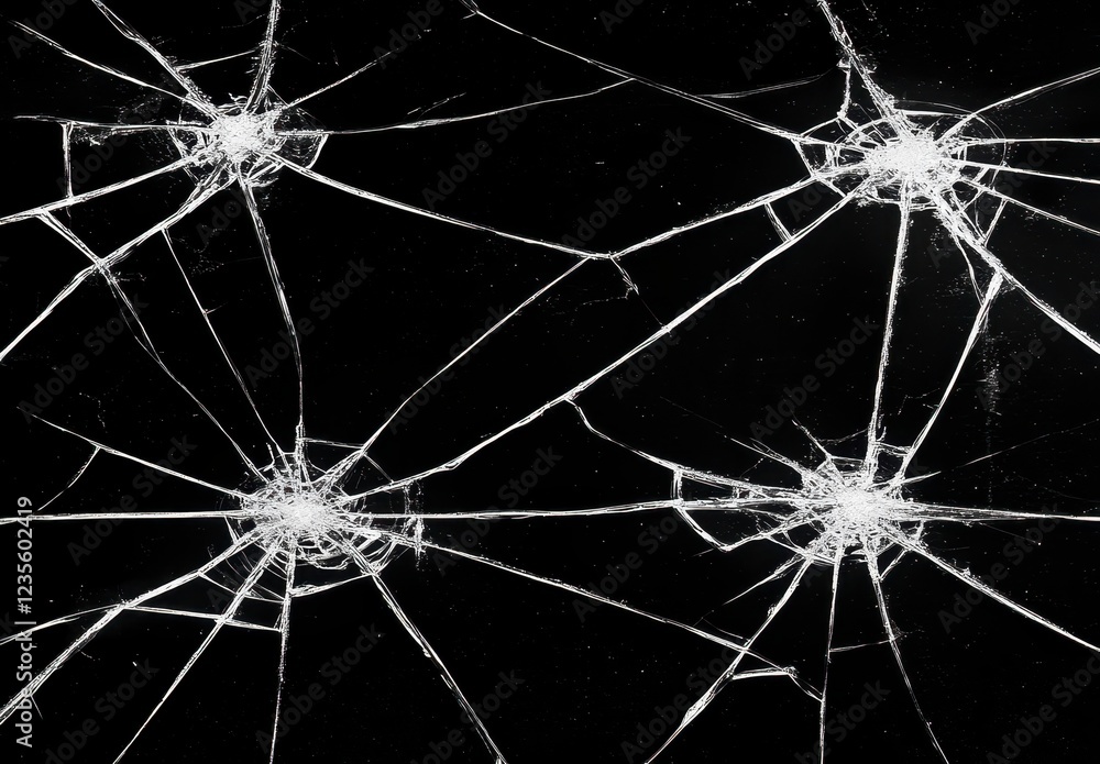 Poster abstract image of shattered glass with a black background and white cracks. the cracks spread from s