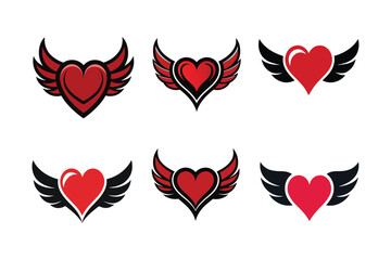 Set of winged heart vector logos in red and black, perfect for tattoos, love, and fantasy themes