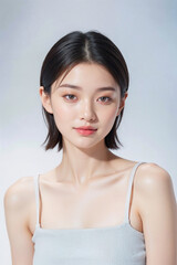 A woman with short hair and a white tank top is smiling