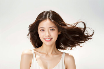 A woman with long brown hair is smiling and looking at the camera