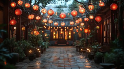 Obraz premium A charming, lantern-lit Asian alleyway, with warm lighting and lush greenery.