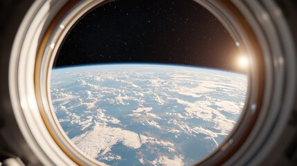 Earthrise view from spaceship window, sunrise over clouds