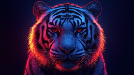 Neon Tiger Portrait, Dark Background, Digital Art