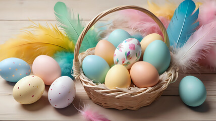 Easter painted colorful pastel eggs in a basket, with feathers on a light wood background