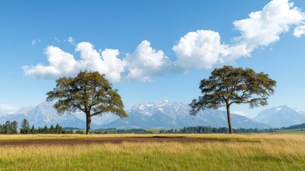 Obraz premium Two Trees in a Field with Mountain Range Background
