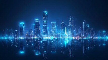 Fototapeta premium A futuristic city skyline illuminated in blue tones, reflecting on calm waters.