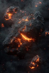 A few floating rocks in space with glowing orange cracks, a black color gradient, cinematic lighting, and a smoke background.