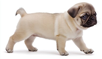 Adorable pug puppy walking on a white background. Light beige fur, dark eyes and nose, short legs, playful expression. Studio shot, bright lighting