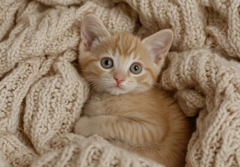Adorable ginger kitten nestled in a cozy beige knitted blanket, looking directly at the camera. Soft lighting enhances the kitten's fluffy fur and