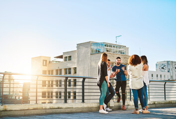 Space, talking and friends in city on rooftop with group for outdoor travel together in urban town....