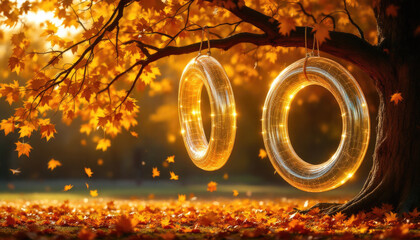 Autumn tree with glowing tire swings surrounded by colorful falling leaves