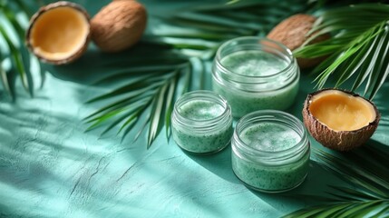 Green spa products in jars arranged on a turquoise surface with palm leaves and nuts in background