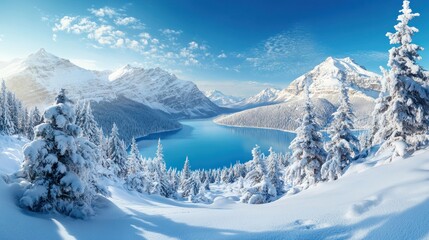 Snowy mountain lake winter sunrise landscape, postcard