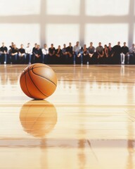Naklejka premium A basketball rolls across a shiny gym floor, with a row of people seated in the background, creating a dynamic sports atmosphere.