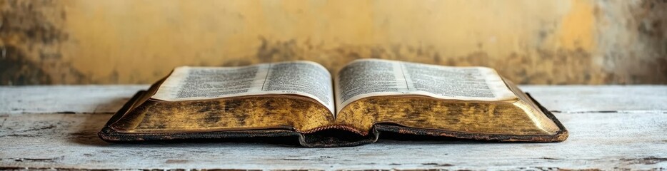 Aged, gold leafed book with burnt edges rests open on a rustic white wooden surface against a textured yellow background. The image evokes a sense of