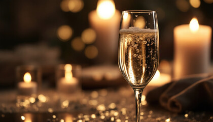 Elegant champagne glass with bokeh lights and candles creating warm ambiance