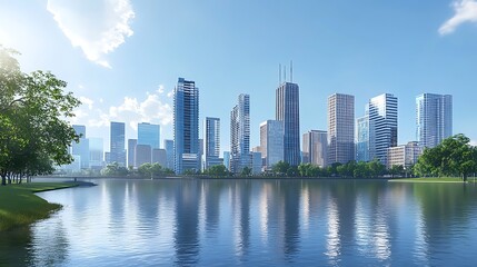 A serene city skyline reflecting on a calm body of water under a clear blue sky.