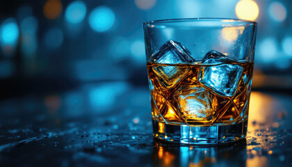 Close-up of whiskey glass with ice cubes on reflective surface in dim lighting