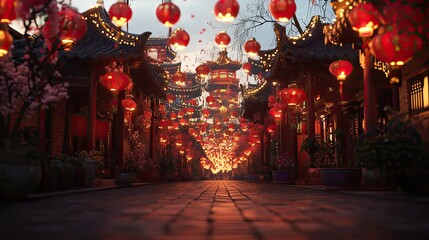 Fototapeta premium A picturesque, lantern-lit Chinese alleyway, with traditional architecture, glowing lanterns, and a pathway leading to the distance.