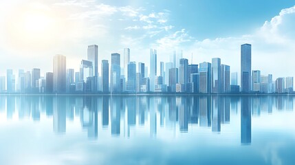 Fototapeta premium A serene city skyline reflected in water under a bright sky.