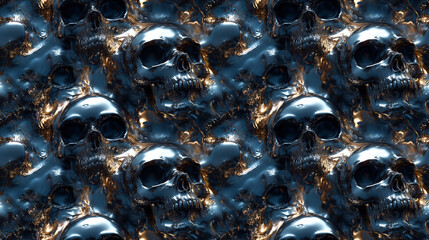 Abstract Metal Skulls Flowing in Molten Liquid Metal Texture. Seamless Repeatable Background.