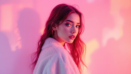 Young caucasian woman in soft pink light with long hair and warm jacket
