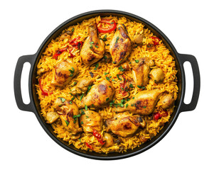 Pan with chicken biryani isolated on transparent background, top view