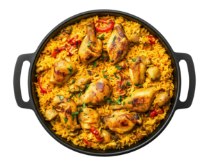 Pan with chicken biryani isolated on transparent background, top view
