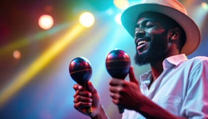 African man joyfully playing maracas at colorful musical event. Cinco de Mayo, Battle of Puebla Day, Mexican Heritage Festival - Latin American Cultural Celebration