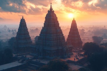 Sunrise over ancient temples, misty landscape, travel, Asia