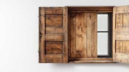 Rustic wooden window shutters ajar, daylight view, white wall background, home renovation