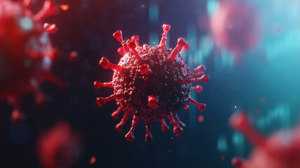 3D rendering of virus cells with digital background, symbolizing crisis