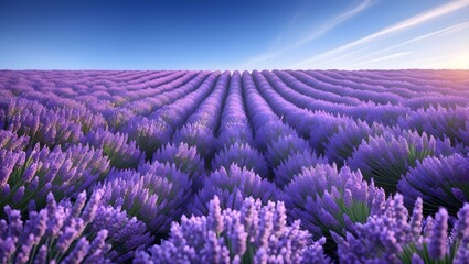 Obraz premium Rows of purple lavender flowers stretching to the horizon, under the vast blue sky, creating a peaceful, calming scene 