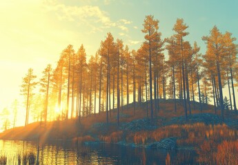 Fototapeta premium Golden hour sunlight illuminates a tranquil forest scene, tall pine trees on a hill overlooking a calm body of water. Warm, autumnal colors dominate