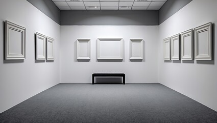 empty room with white walls and a gray carpeted floor. On the wall, there are four blank white frames hanging in a row. The frames are of different sizes and shapes