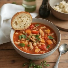 Hearty Italian Minestrone Soup with Fresh Vegetables, Beans, and Pasta, Served with Crusty Garlic Bread