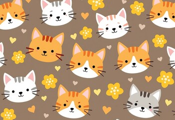 Cartoon Cat Pattern: Cute Faces, Seamless Vector, Brown Background, Yellow Flowers, Hearts, Flat Design, Baby Fabric Print, Adorable Animals, Colorful, 8k Resolution Illustration.
