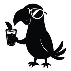 exotic animated movie parrot holding onto an item of glass while wearing sunglasses