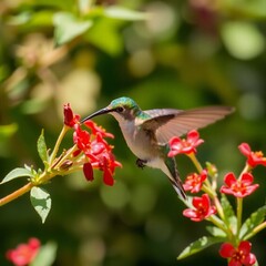 Fototapeta premium A hummingbird flying and sucking nectar from a red flower, a natural hummingbird moment in beautiful detail.