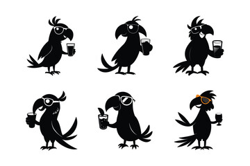 exotic animated format parrot clutching a glass while wearing sunglasses